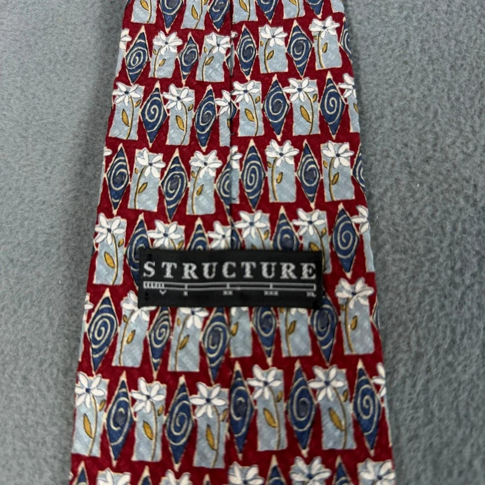 Structure Mens Silk Tie Red Blue Floral Geometric Pattern Made in USA Vintage